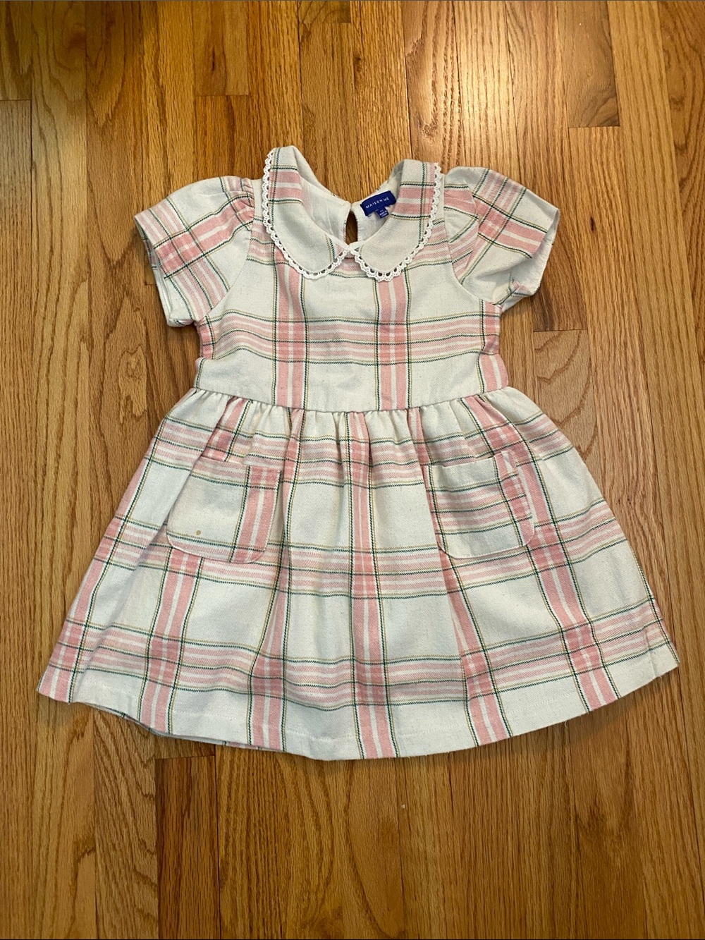 Girls Cream and Pink Plaid Peter Pan Collar Dress